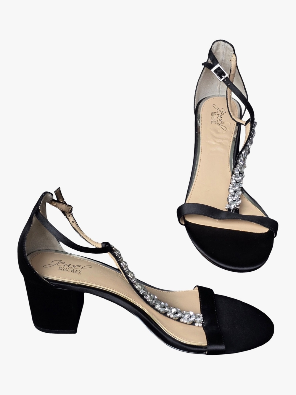 Jewel Badgley Mischka Lindsey Block-Heel Black Evening Sandal Sz 9.5 Wedding - Picture 2 of 10